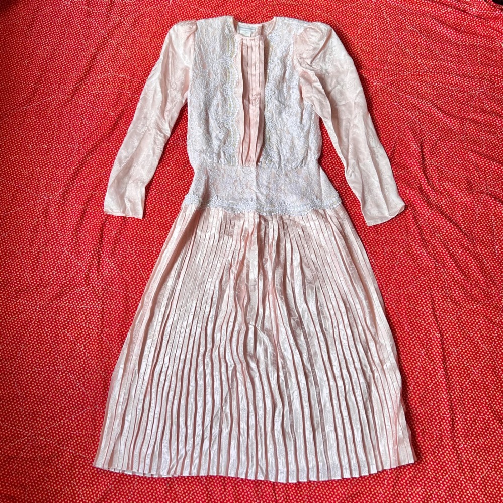 Vintage 1980s Jessica McClintock Pink Lace Pleated maxi Dress Size 10